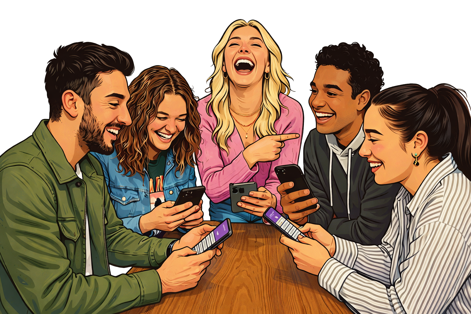 Friends laughing and playing Quiplets on their phones